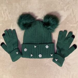 Disney Embellished Dark Green Knit Pom-Pom Beanie with Matching Gloves